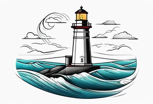 lighthouse in very fine line with a rough sea tattoo idea