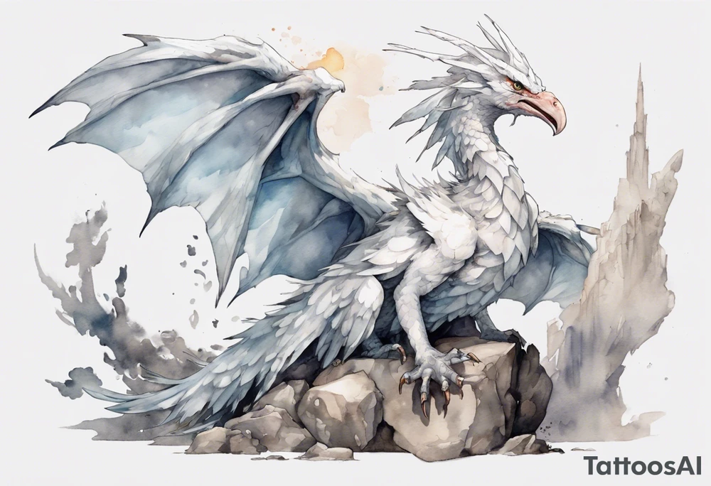 a white bird-wyvern hybrid wearing a plain iron diadem, perched on a stone throne tattoo idea
