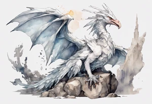 a white bird-wyvern hybrid wearing a plain iron diadem, perched on a stone throne tattoo idea