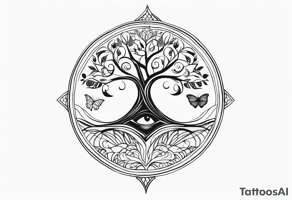 Spiritual mandala tattoo sleeve with 444, eye of Horus, tree of life and butterflies tattoo idea