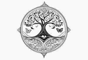 Spiritual mandala tattoo sleeve with 444, eye of Horus, tree of life and butterflies tattoo idea