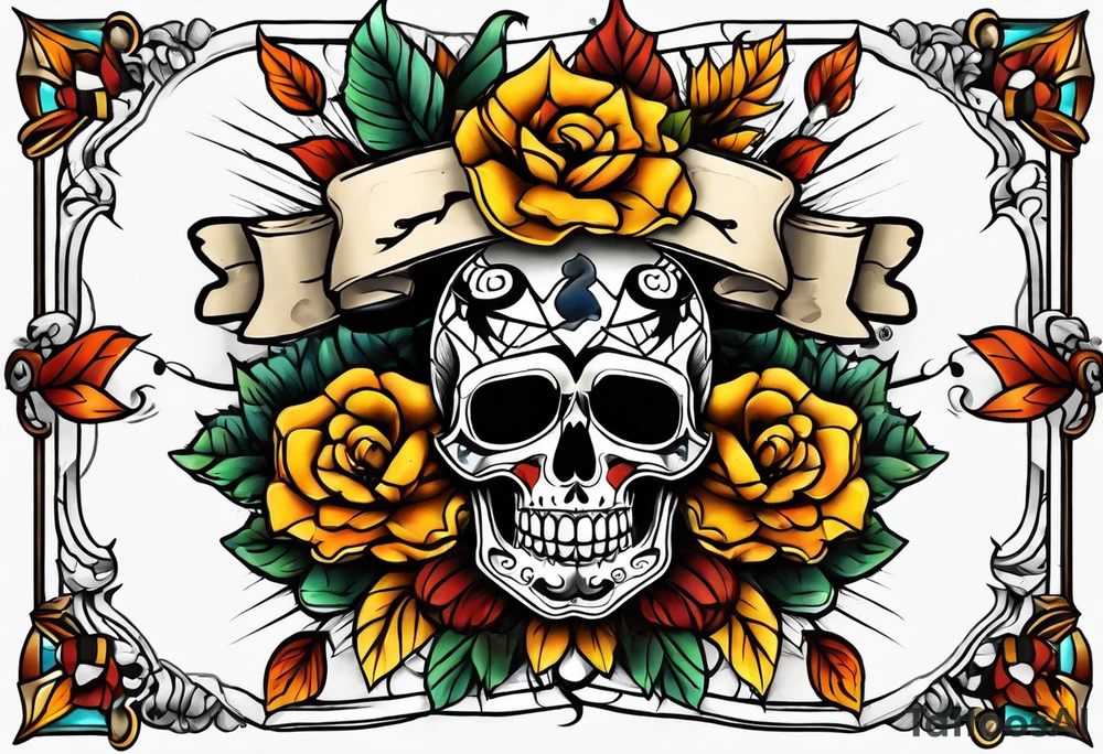 Old school knee tattoo with skull and fall colors tattoo idea