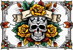 Old school knee tattoo with skull and fall colors tattoo idea