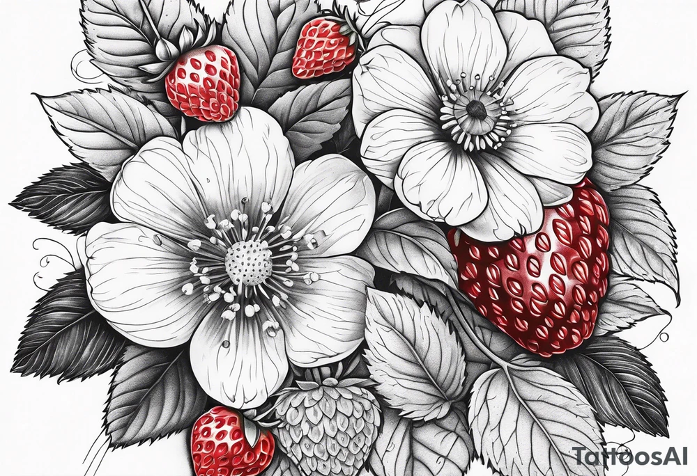 Strawberry, raspberries,  mixed with flowers, 3d tattoo, long leg piece, high detail tattoo idea