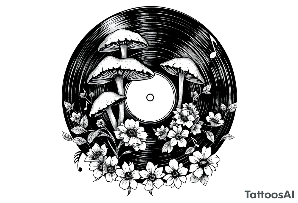 vinyl record with mushrooms, flowers, and music notes tattoo idea