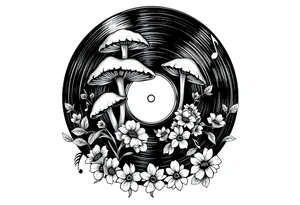 vinyl record with mushrooms, flowers, and music notes tattoo idea