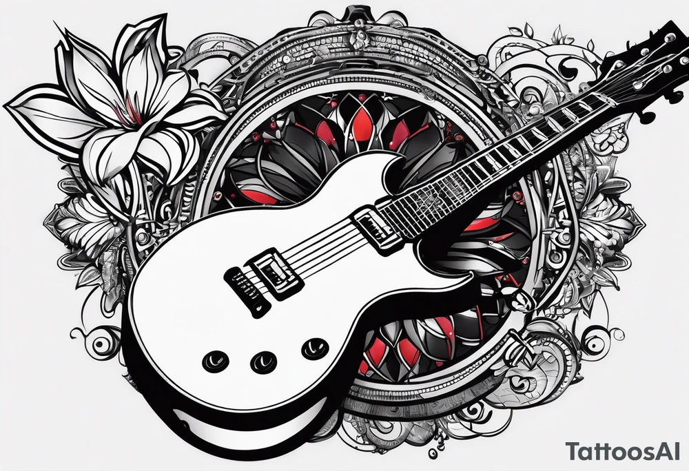 diseño de tatuaje donde lo principal sea un cono de luz diagrama de tiempo espacio, con una guitarra electrica pequeña les paul, mapa de venezuela, flor de loto, 2 gotas de sangre tattoo idea