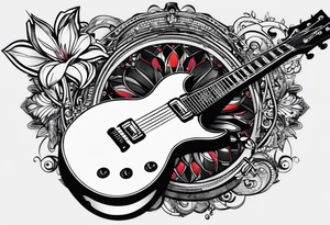 diseño de tatuaje donde lo principal sea un cono de luz diagrama de tiempo espacio, con una guitarra electrica pequeña les paul, mapa de venezuela, flor de loto, 2 gotas de sangre tattoo idea