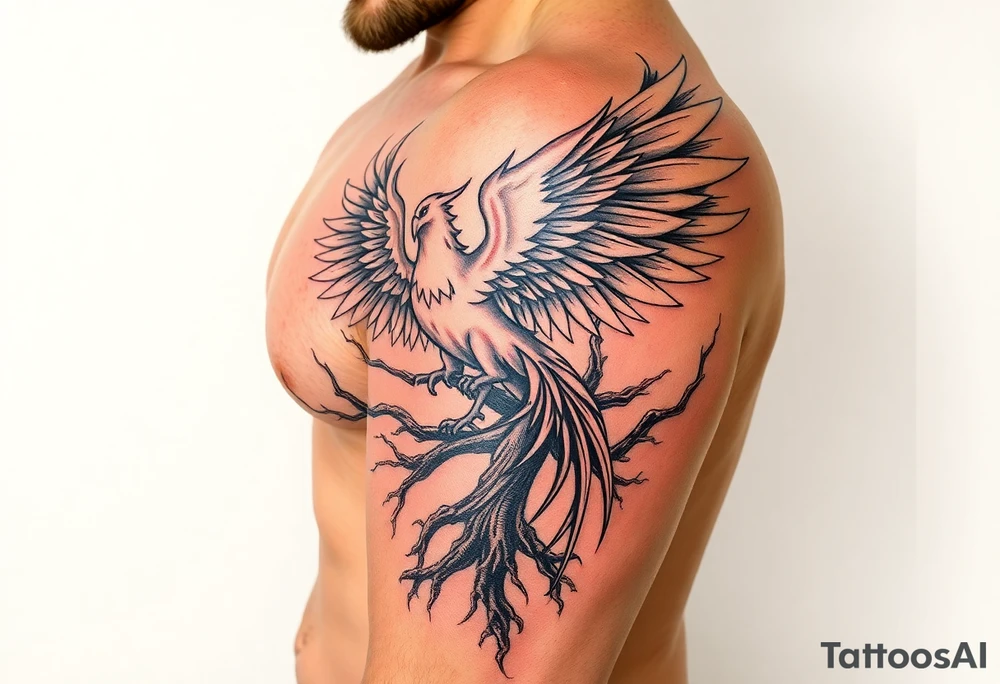 Powerful Phoenix rising from tree of life tattoo idea
