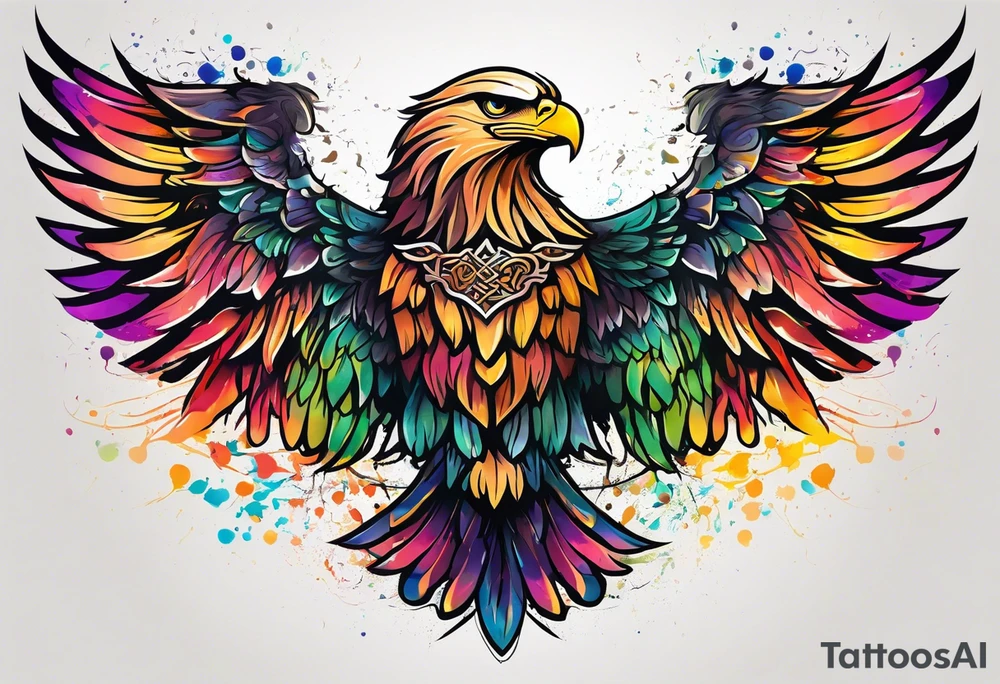 Delicate celtic Eagle with wings spread upwards. Colourful background, splashes on colour tattoo idea
