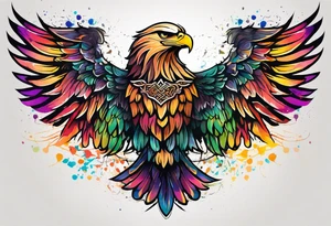 Delicate celtic Eagle with wings spread upwards. Colourful background, splashes on colour tattoo idea