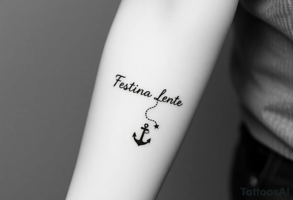 A small, minimal conceptual tattoo for the inner arm.
The phrase “Festina Lente” is not written traditionally; instead, the entire text is formed subtly from a single thin rope.
At the lower end of the rope, a small anchor is attached and appears embedded into the skin, symbolizing patience and stability.
At the opposite end, the rope is being pulled by a very small, minimal, symbolic devil silhouette representing haste.
The rope naturally twists and curves to form the letters of “Festina Lente”, so that at first glance it looks like an abstract rope composition, but upon closer inspection the text becomes readable.
Highly refined, modern calligraphic flow created by the rope itself, elegant and understated.
Black ink only, ultra-fine line work, minimal shading, strong use of negative space, contemporary 2026 tattoo style.
No traditional tattoo elements, no bold outlines, no old-school style, no decorative ornaments.
Clean, intelligent, subtle storytelling tattoo suitable for a small inner-arm placement. tattoo idea