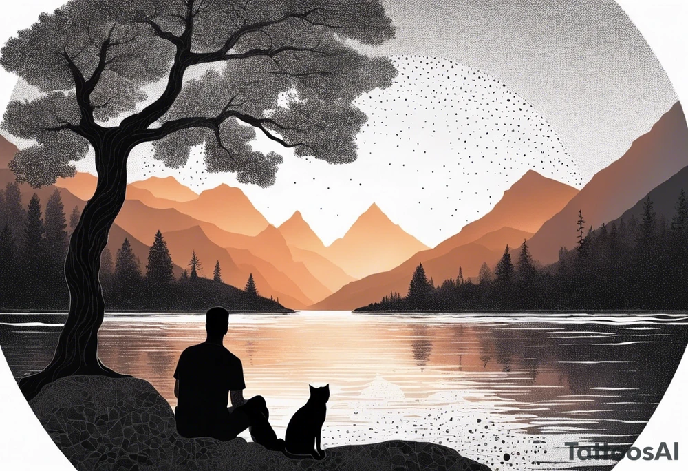 nature, sunset, mountains, a father and son sitting with their dog and cat 
by the water tattoo idea