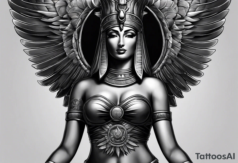 black and gray photo realistic goddess isis with minimal detail tattoo idea