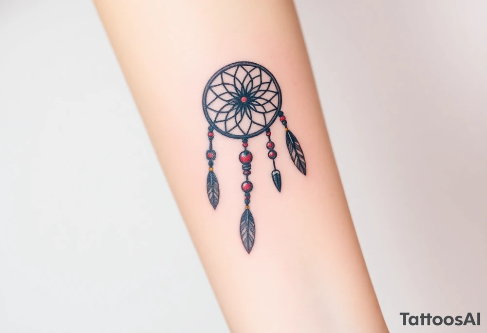 native dreamcatcher with flowing feathers and sacred beads tattoo idea