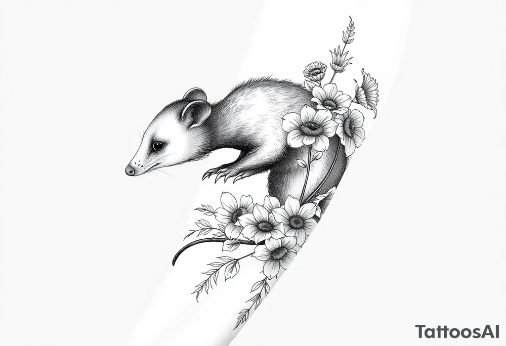 Opossum with lantanas and hellebores tattoo idea