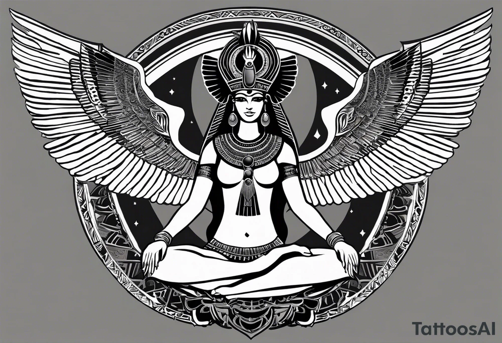 black and white Egyptian goddess Isis, who is often depicted as a woman with outstretched wings, holding an ankh (a symbol of life) in one hand and a lotus flower in the other. Her headdress often includes a throne or a solar disk. The tattoo design can vary in style and size, but it typically aims to capture the essence of this revered Egyptian deity, emphasizing her beauty, power, and maternal qualities. The choice of colors and additional elements can also be customized to create a unique and visually striking representation of the goddess Isis tattoo idea