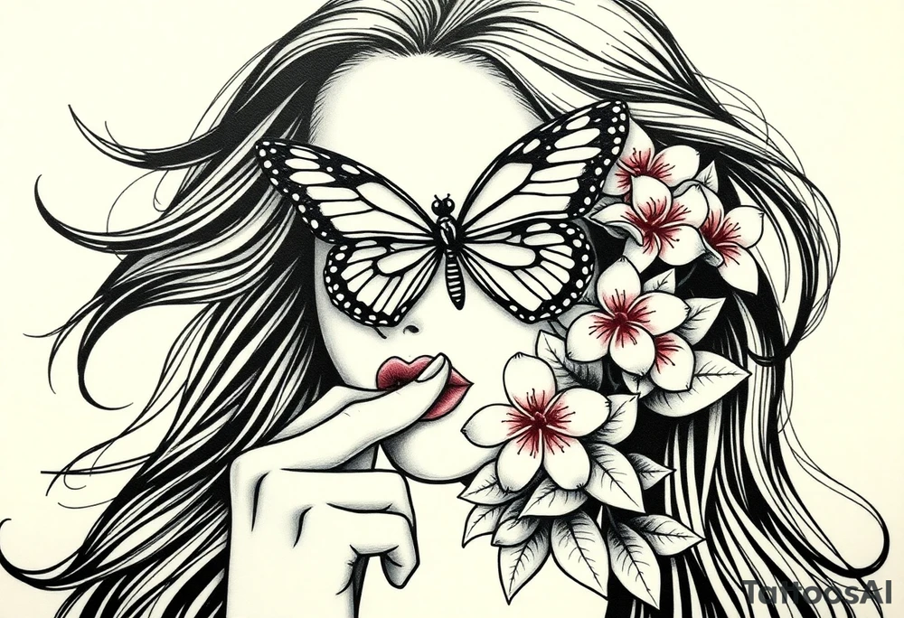 Womens Face withh her finger to her lips like saying  speak no evil with her long long hair flowing in the wind but ontop where her eyes would be they are covered by the lower half of a big butterfly as if being blind folded by the lwer part of butterfly for see no evil havi g her hand to her ears for hear no eveil around that butterfly medium and small and very small butterflys and bush of Beautiful pink plumeria found in Kaimuki, on the island of Oahu. And leafs that would bee seen with these flowers tattoo idea
