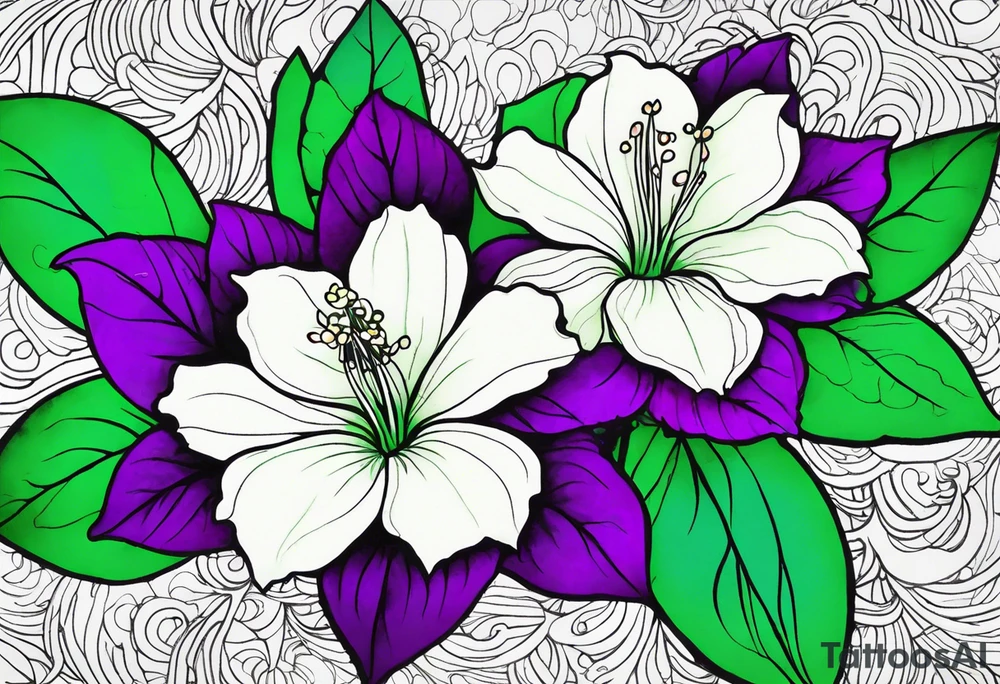 An outline of a green rio dipladenia flower and a green and purple watercolor splash in the background tattoo idea