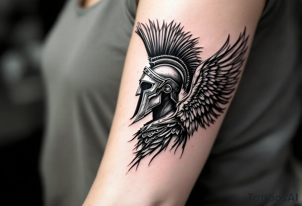 forearm tattoo of a spartan warrior with angel wings tattoo idea