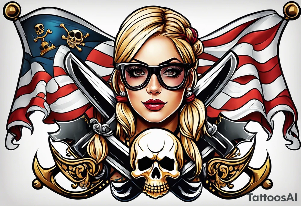 create a pirate flag with a feminine skull with two blonde pigtails and crossbones  wearing glasses tattoo idea