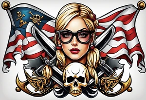 create a pirate flag with a feminine skull with two blonde pigtails and crossbones  wearing glasses tattoo idea