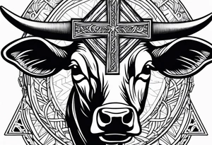 leather  detail with cow tag and cross sleeve tattoo idea