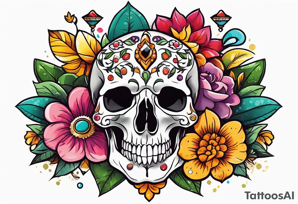 Floral chest piece with animal skull and gems tattoo idea