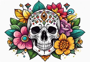 Floral chest piece with animal skull and gems tattoo idea