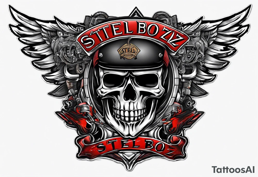 Motorcycle patch that is aggressive for a motorcycle club named the steel Boyz tattoo idea