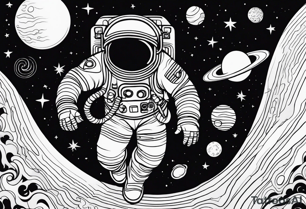 spaceman full-length in space with planets tattoo idea