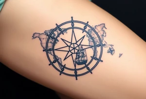 antique compass rose overlaid on weathered world map with sailing ships tattoo idea