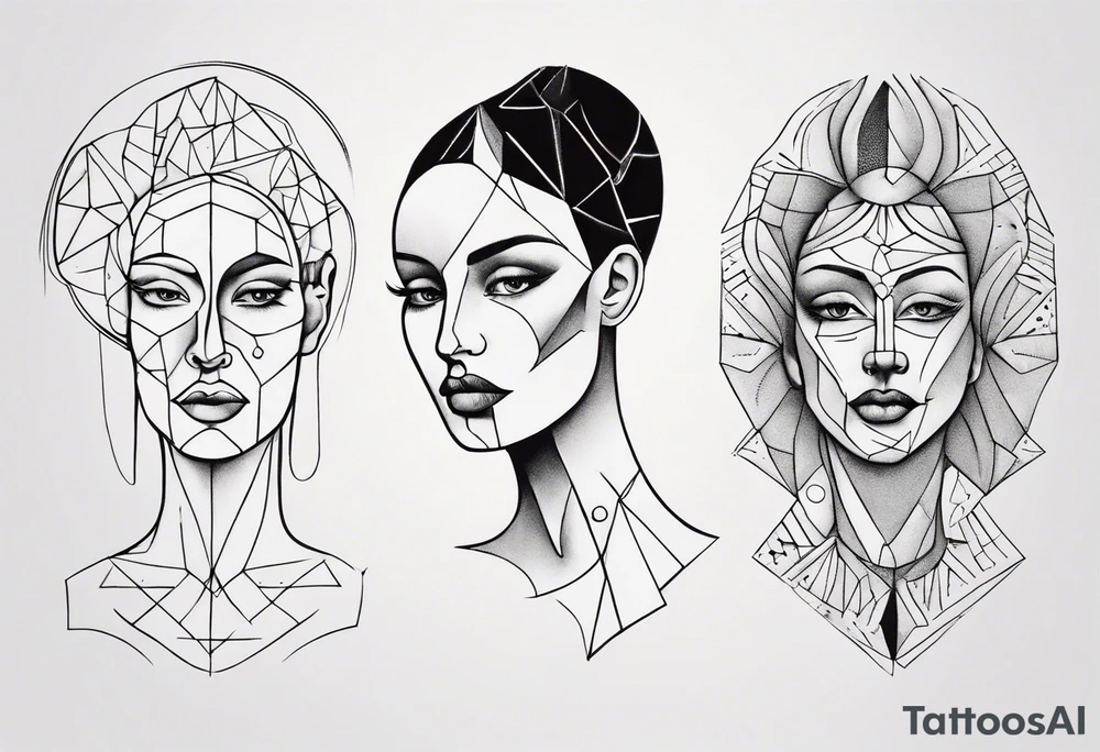 Abstract fine line woman dotwork tattoo idea