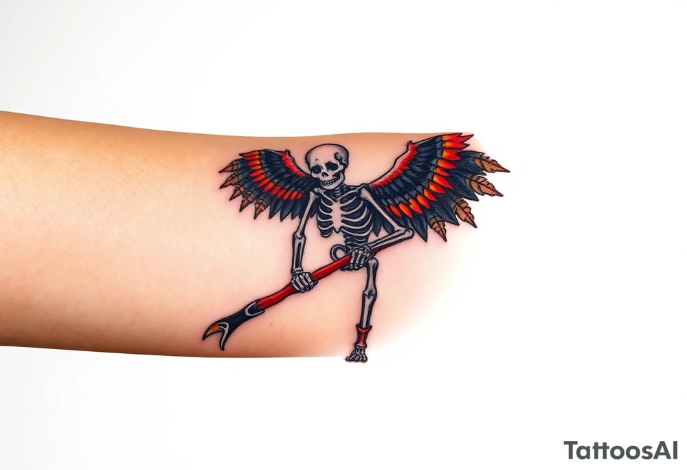 A winged skeleton clutching a scythe, its wings composed of intertwined black and blood-red feathers with highlights of dark orange at the edges. tattoo idea