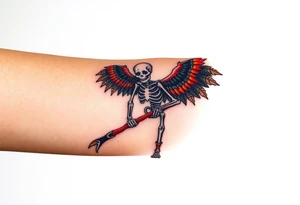 A winged skeleton clutching a scythe, its wings composed of intertwined black and blood-red feathers with highlights of dark orange at the edges. tattoo idea