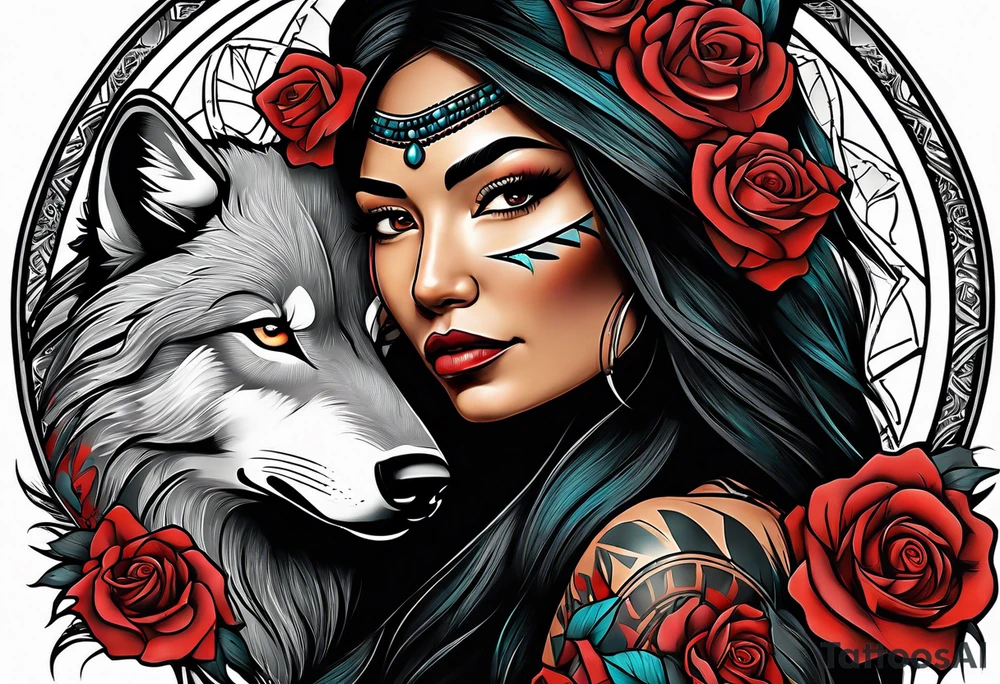 Native American woman wrapped in roses with a wolf pelt tattoo idea