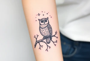 wise owl perched on ancient oak branch under starlit sky tattoo idea