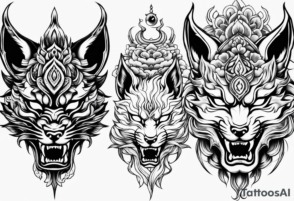 Split kitsune and oni mask head tattoo idea