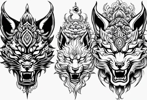 Split kitsune and oni mask head tattoo idea