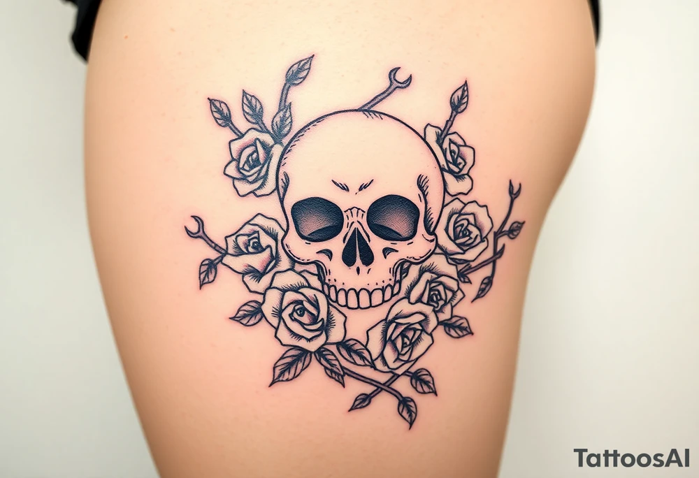 skull intertwined with roses and thorns tattoo idea