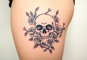 skull intertwined with roses and thorns tattoo idea