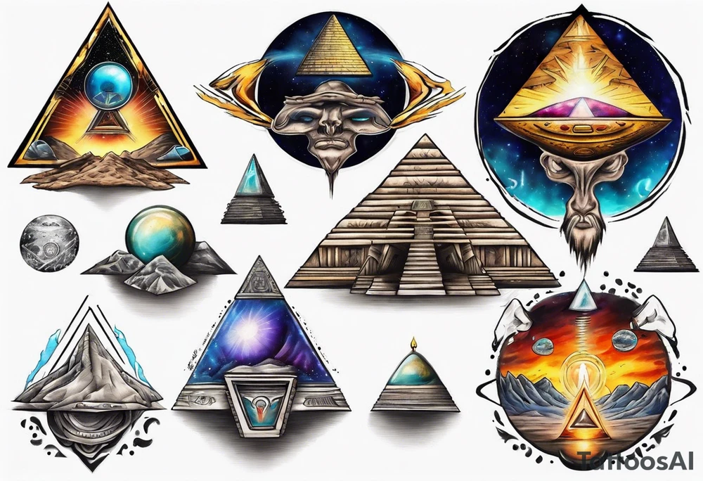 Pyramids and UFOs surrounded by spiritual energy tattoo idea