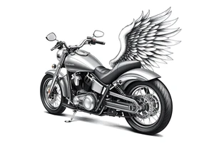 Harley grey motorcycle driving away, flames, angel wings tattoo idea
