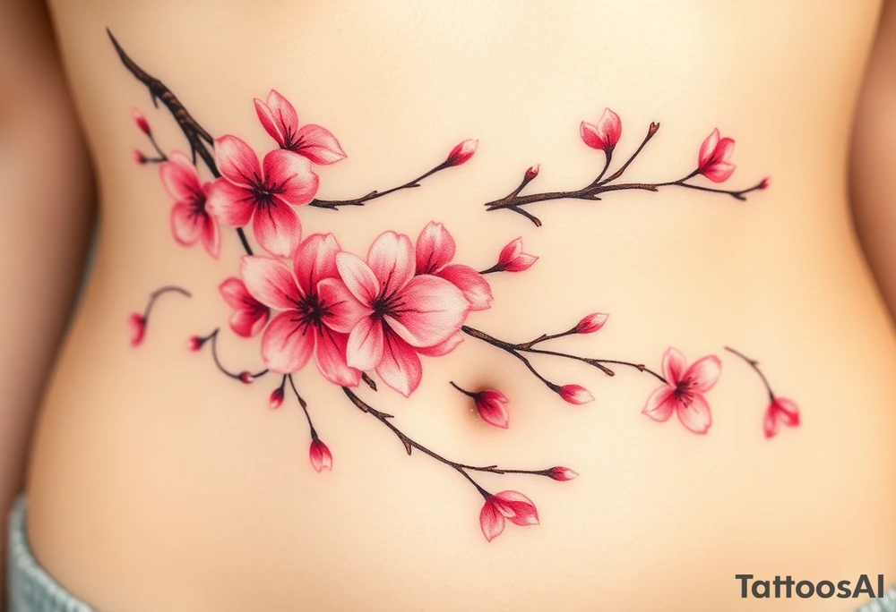 delicate cherry blossoms swirling in spring breeze with petals tattoo idea