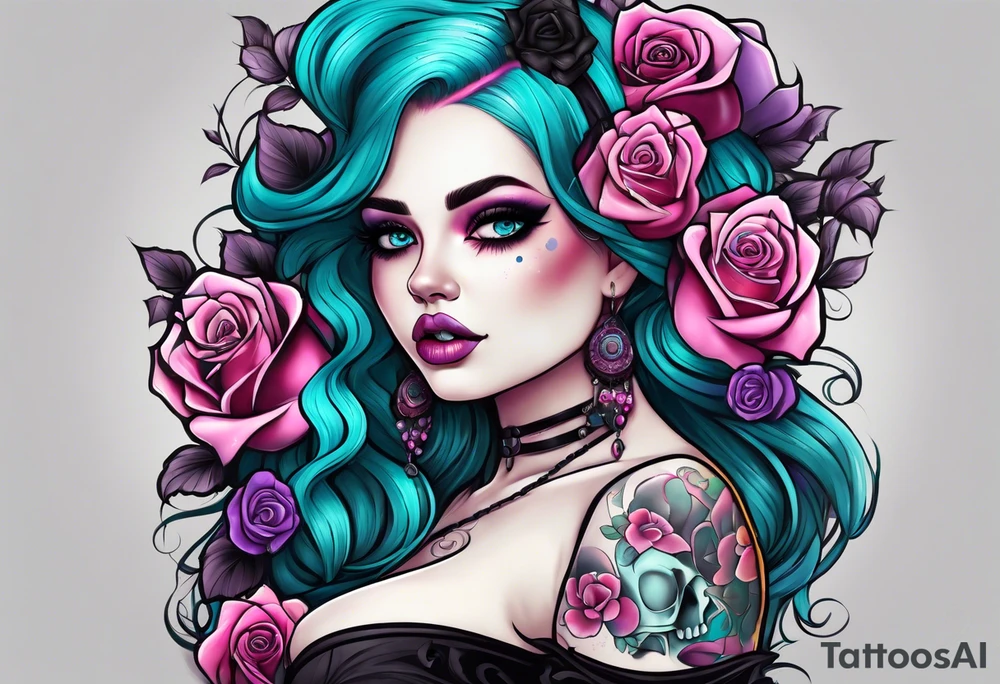 Chubby gothic girl, roses, skulls, teal, pink, purple tattoo idea