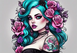 Chubby gothic girl, roses, skulls, teal, pink, purple tattoo idea