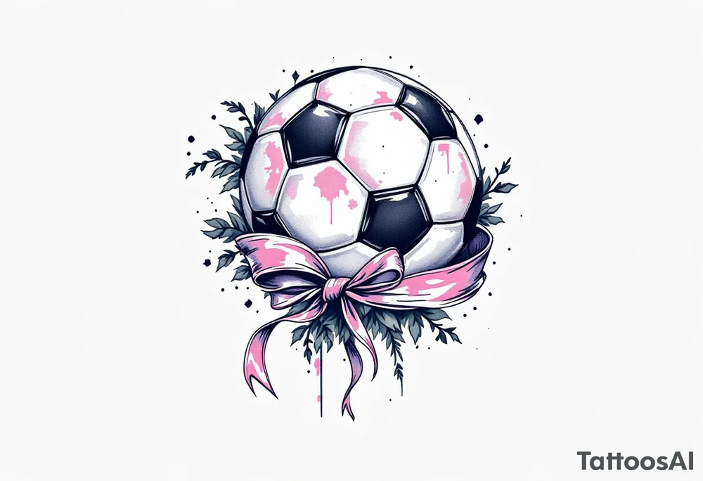 A pink and lavender soccer ball tied with a ribbon to represent youth soccer spirit. tattoo idea