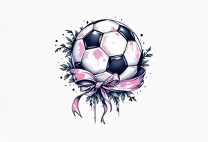 A pink and lavender soccer ball tied with a ribbon to represent youth soccer spirit. tattoo idea