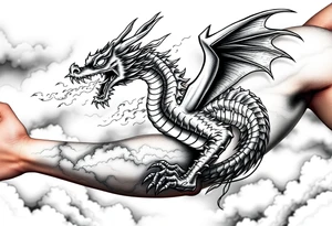 fierce dragon breathing iridescent fire against stormy skies tattoo idea