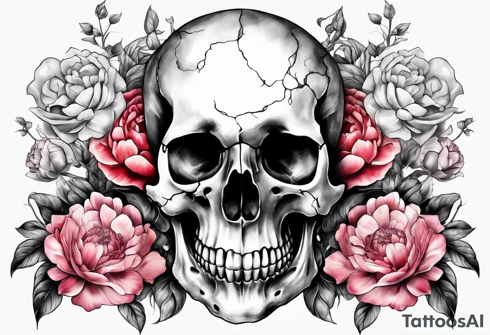 Human skull and horse skull with peonies. Big enough to fit on a female rib cage tattoo idea